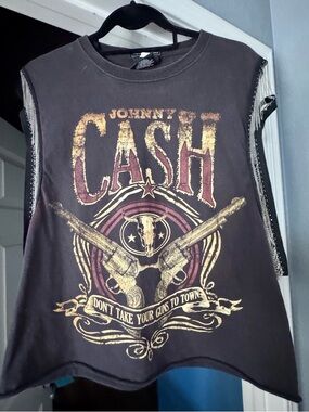 Graphic Tank Top in Charcoal with Gold Print. Perfect for concerts.